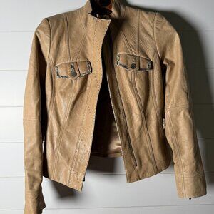 ETCETERA Leather Jacket- Sz 2 Tan with Snakeskin Look Trim, Deco Stitching,...